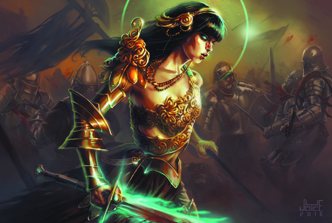 A woman in gold armor with a glowing sword strides confidently through a raging battlefield. The art is signed by Joyce Maureira.