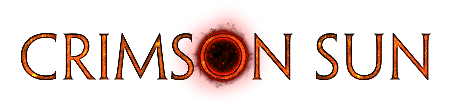 Fiery orange letters in a chisseled style are superimposed over a blood red and black sun, spelling the title: Crimson Sun.
