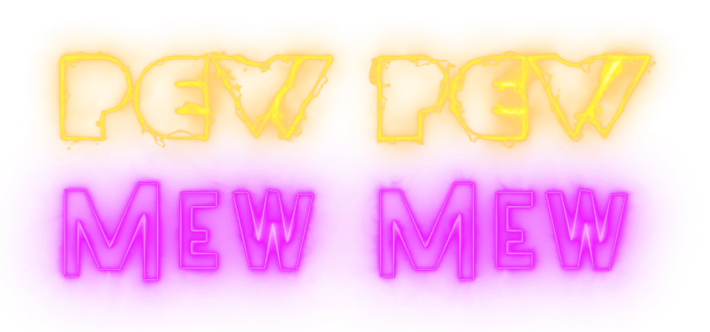 Cartoonish letters shaped by wild energy spell: Pew Pew Mew Mew