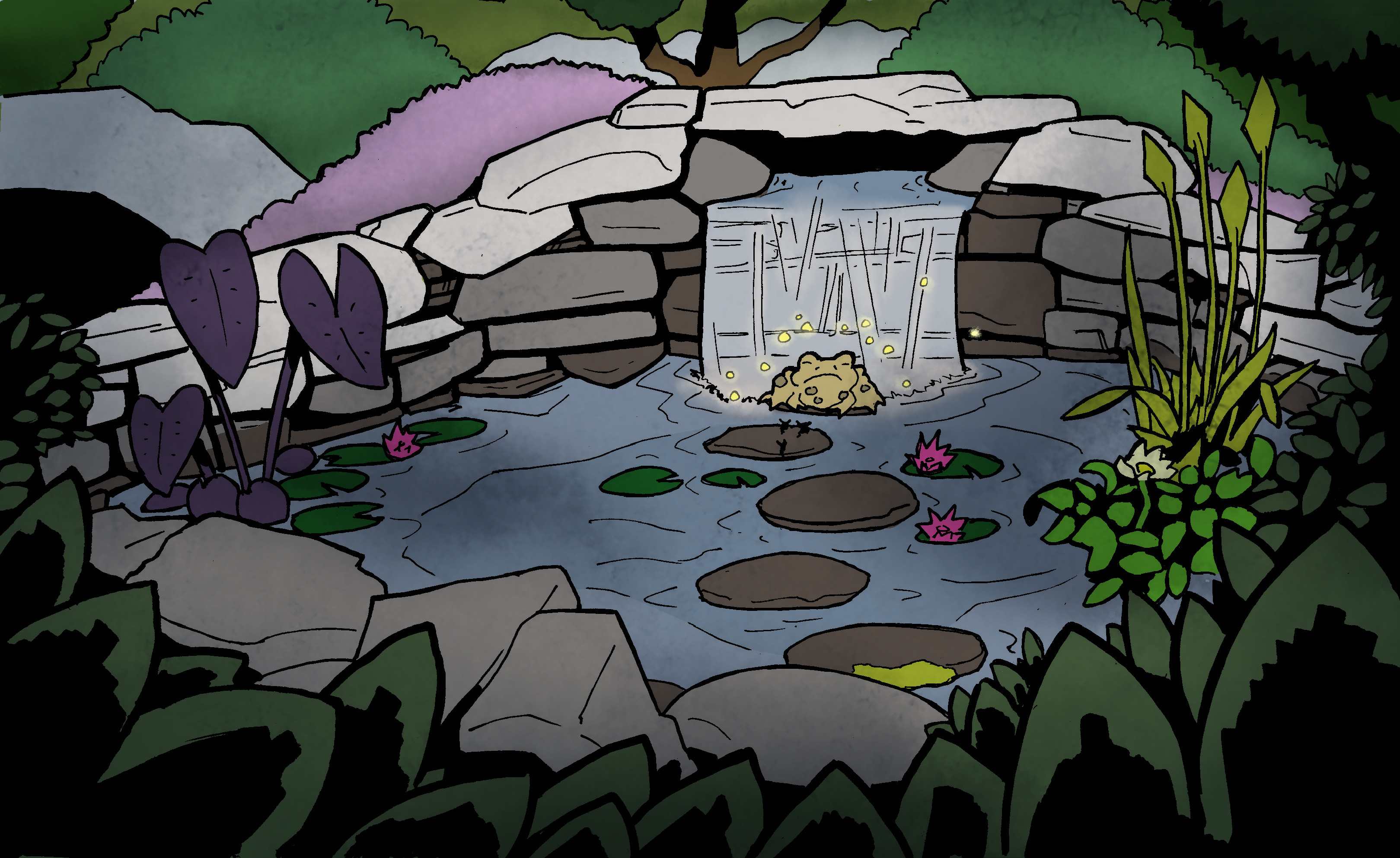 A pond surrounded by flowers, bushes, and trees us fed by a small waterfall. In the pond, a glowing toad is at the base of the waterfall, a path of stepping stones leading up to it, and three small silhouetted mice can be seen on the stepping stone closest to the toad.