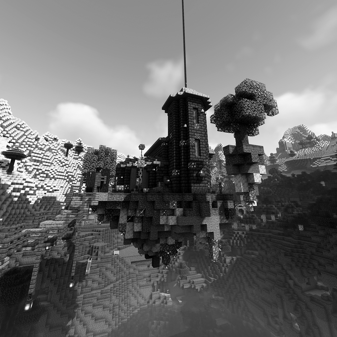 A black and white picture of the spawn hall from Grindergard 2 point 0. A stone brick wizard's tower sits upon a floating island held aloft by magic crystals over a caldera lake.