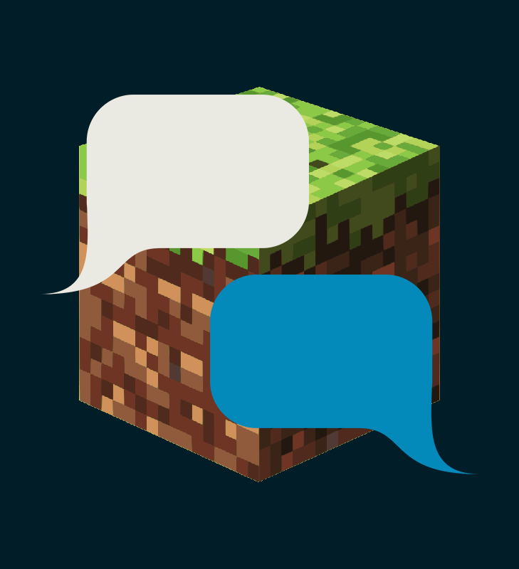 A minecraft grass block with two speech bubbles in front of it.