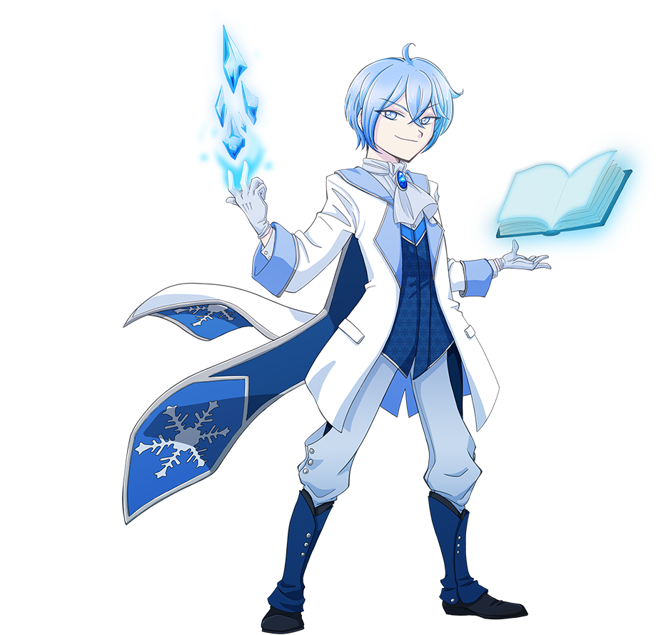 A smug looking young man in fancy dress stands confidantly. Over one hand floats a glowing book, over the other are suspended several magical ice shards.